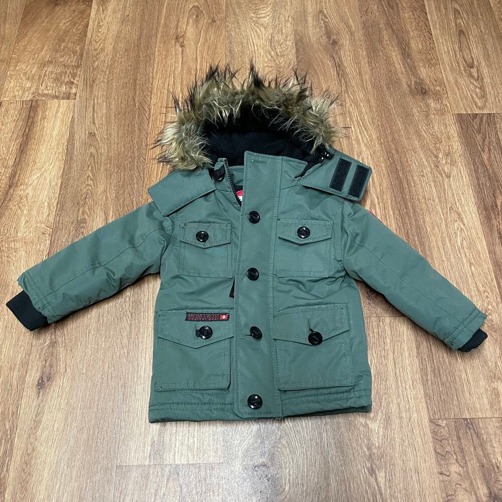 Swiss Cross Weather Gear Baby Boys Green Puffer Coat Faux Fur Trim Hood 24M